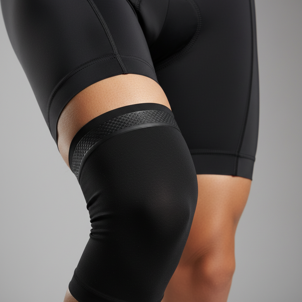 Close-up of leg warmer gripper placement on upper thigh and smooth knee alignment