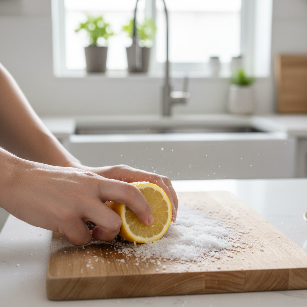 Deodorizing a wooden cutting board by scrubbing with lemon and coarse salt