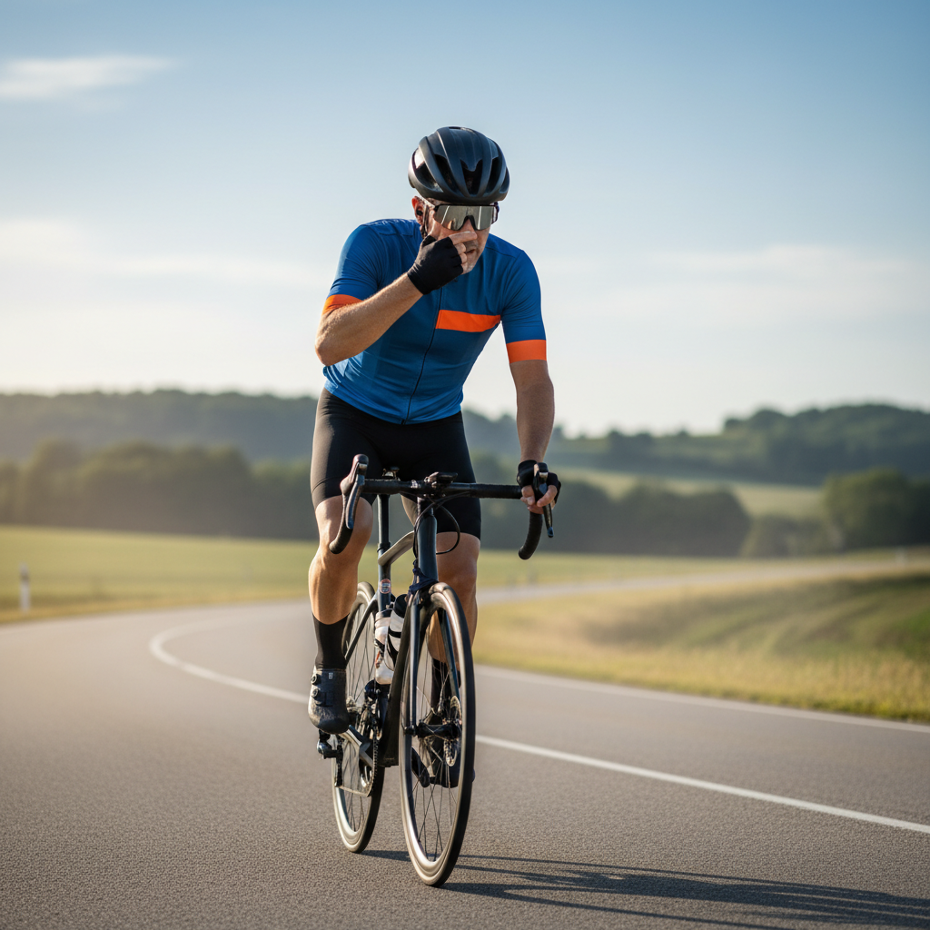 Cyclist wiping sweat near eyes while riding on a sunny day