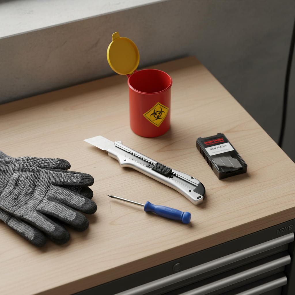 Utility knife blade change setup on a workbench with gloves and spare blades
