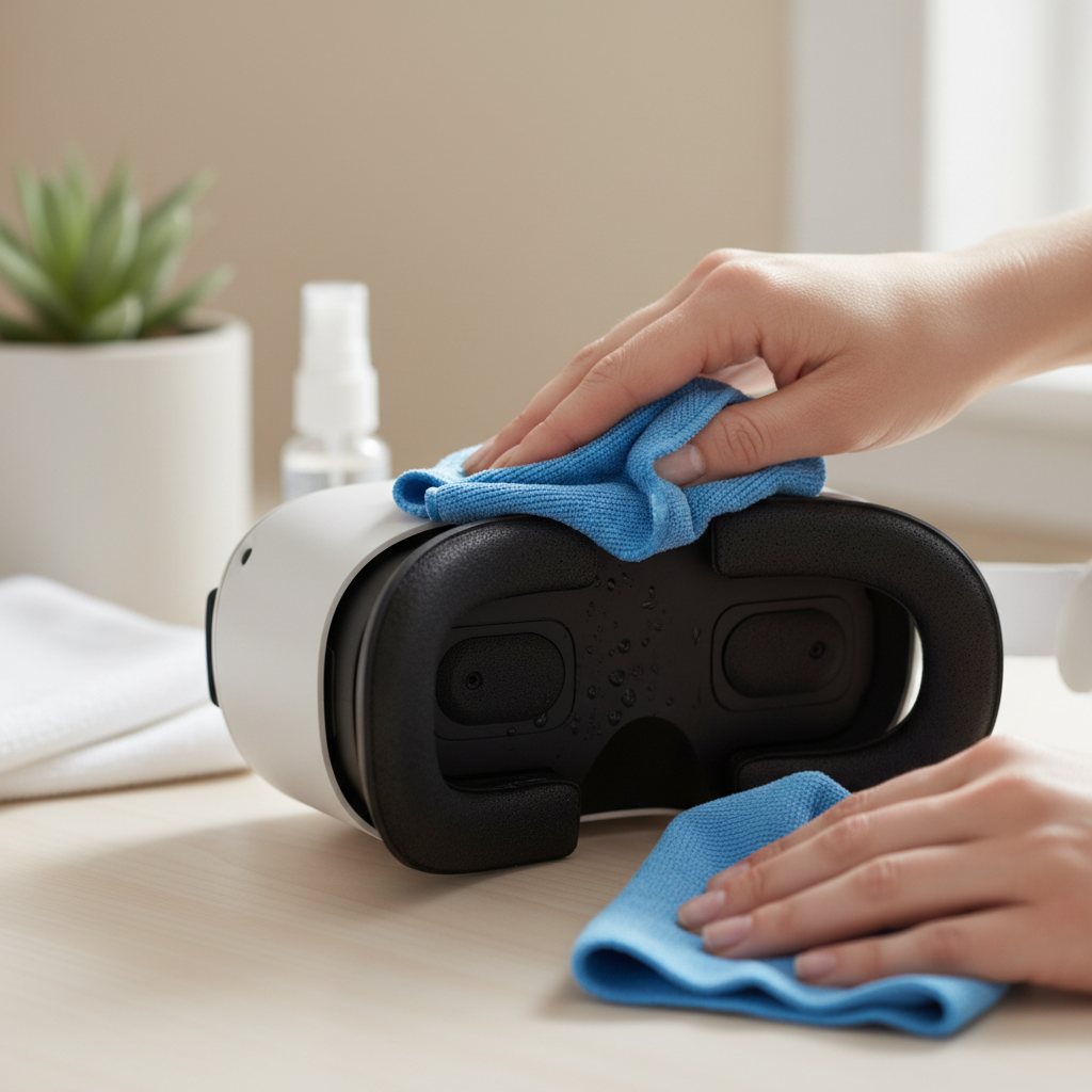 Hands cleaning a VR facial interface with microfiber cloth prior to installing a new face pad