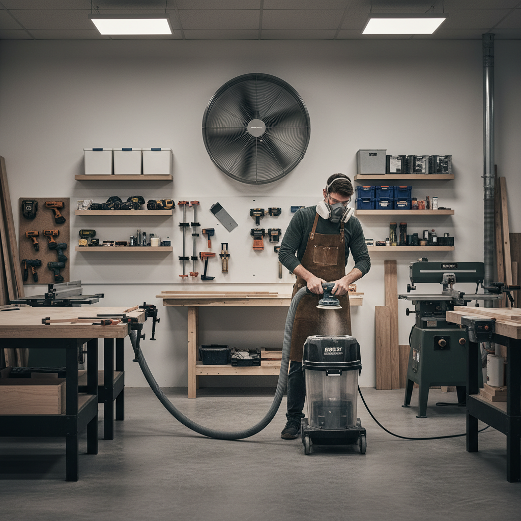 Workshop setup with ventilation and dust collection alongside respirator use