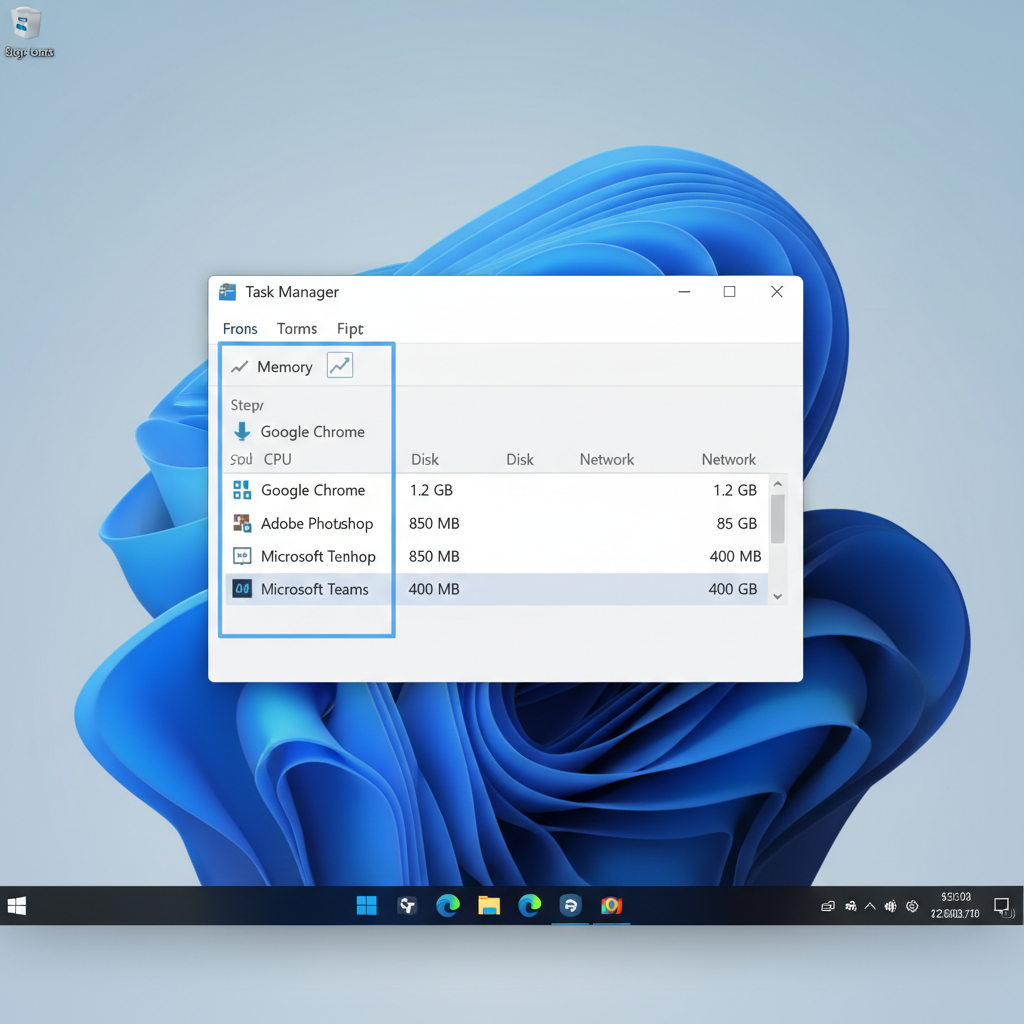 Windows 11 Task Manager showing memory usage and top apps
