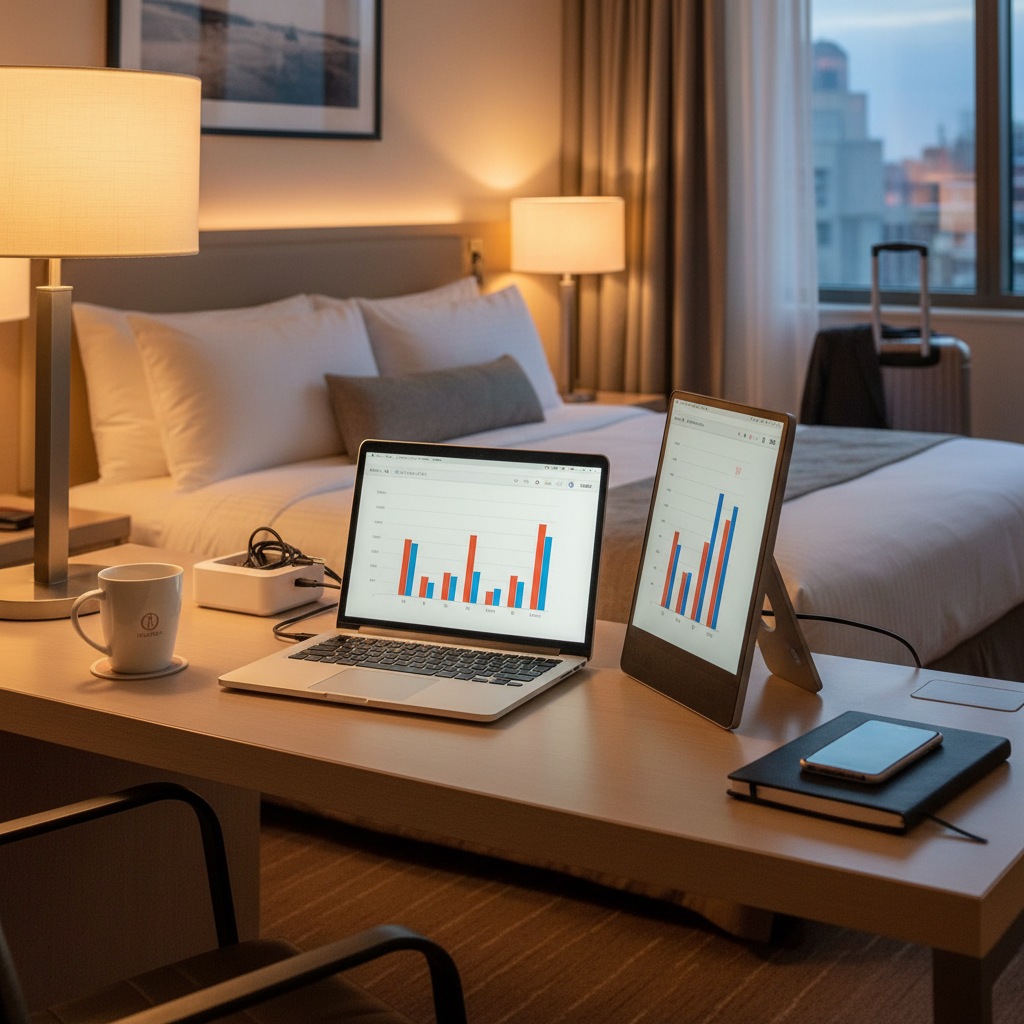 Hotel desk setup with laptop and portable monitor for remote work