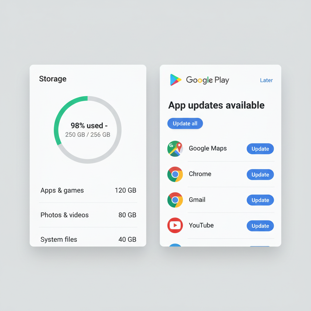 Android Settings screen highlighting storage and app update checks for Instagram crashing