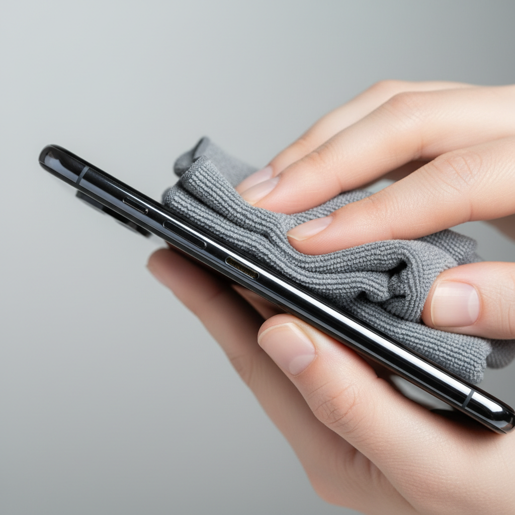 Person wiping a smartphone with microfiber cloth near charging port carefully