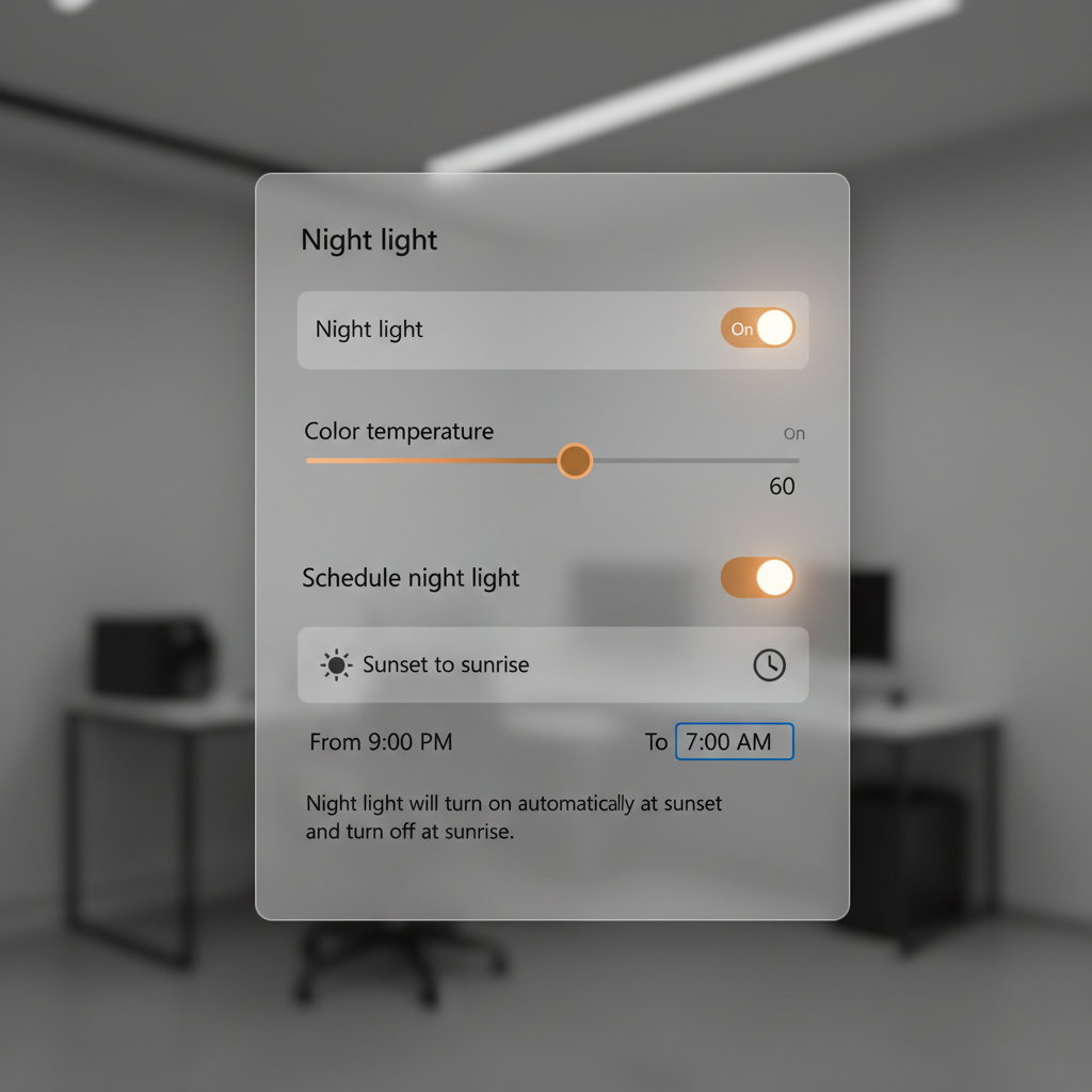 Night Light schedule settings in Windows 11 with sunset to sunrise option