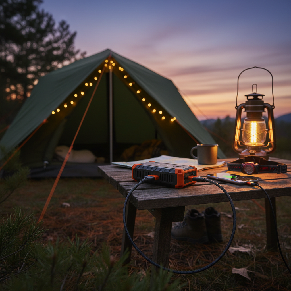 Camping power bank charging phone and headlamp at a tent campsite