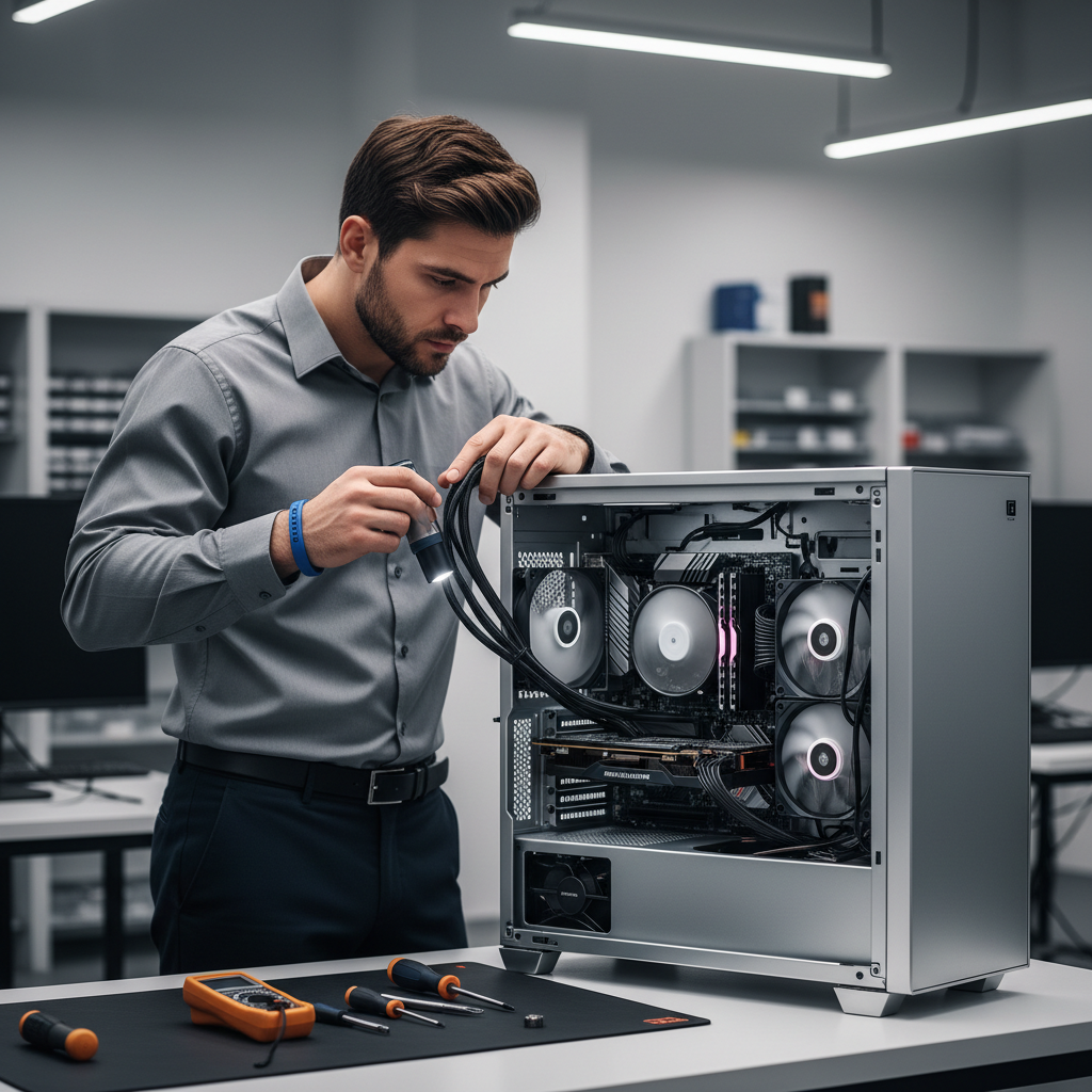 Technician checking PC hardware for overheating and loose connections