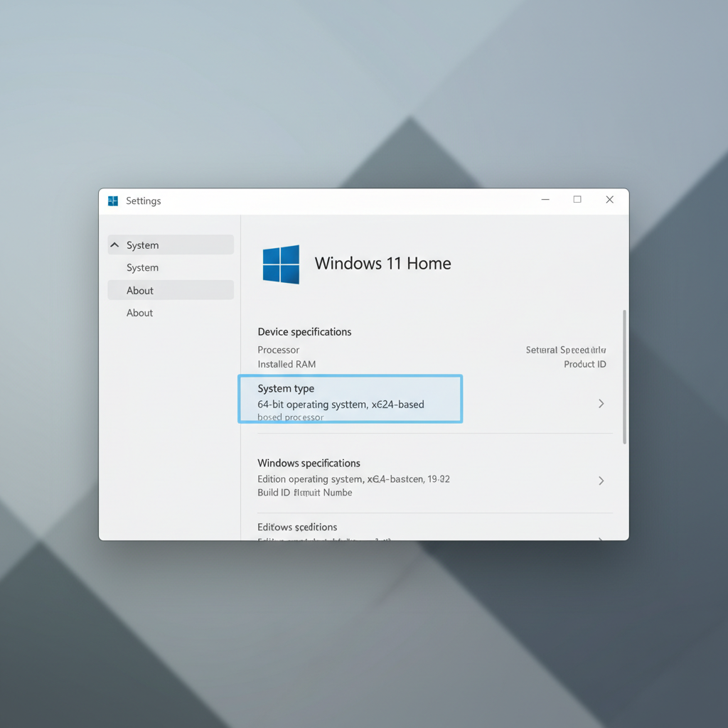 Windows 11 Settings showing System About page with System type