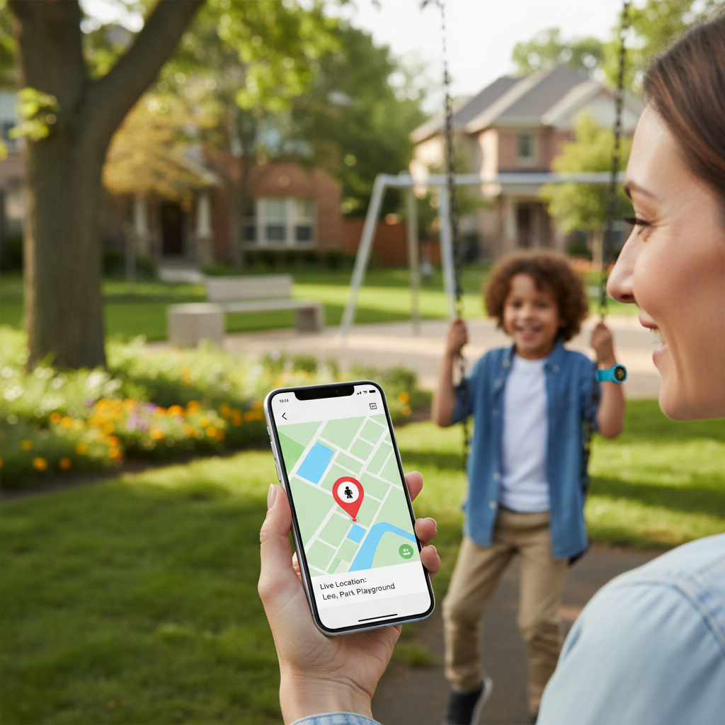 Parent checking kids GPS smartwatch location on phone app