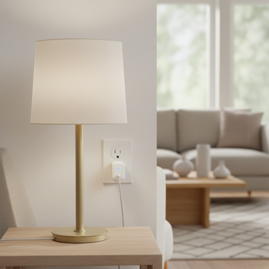 Smart plug installed in a home outlet controlling a lamp for home automation