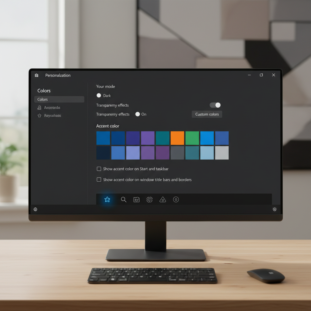 Windows 11 dark theme with accent color preview and taskbar in dark mode