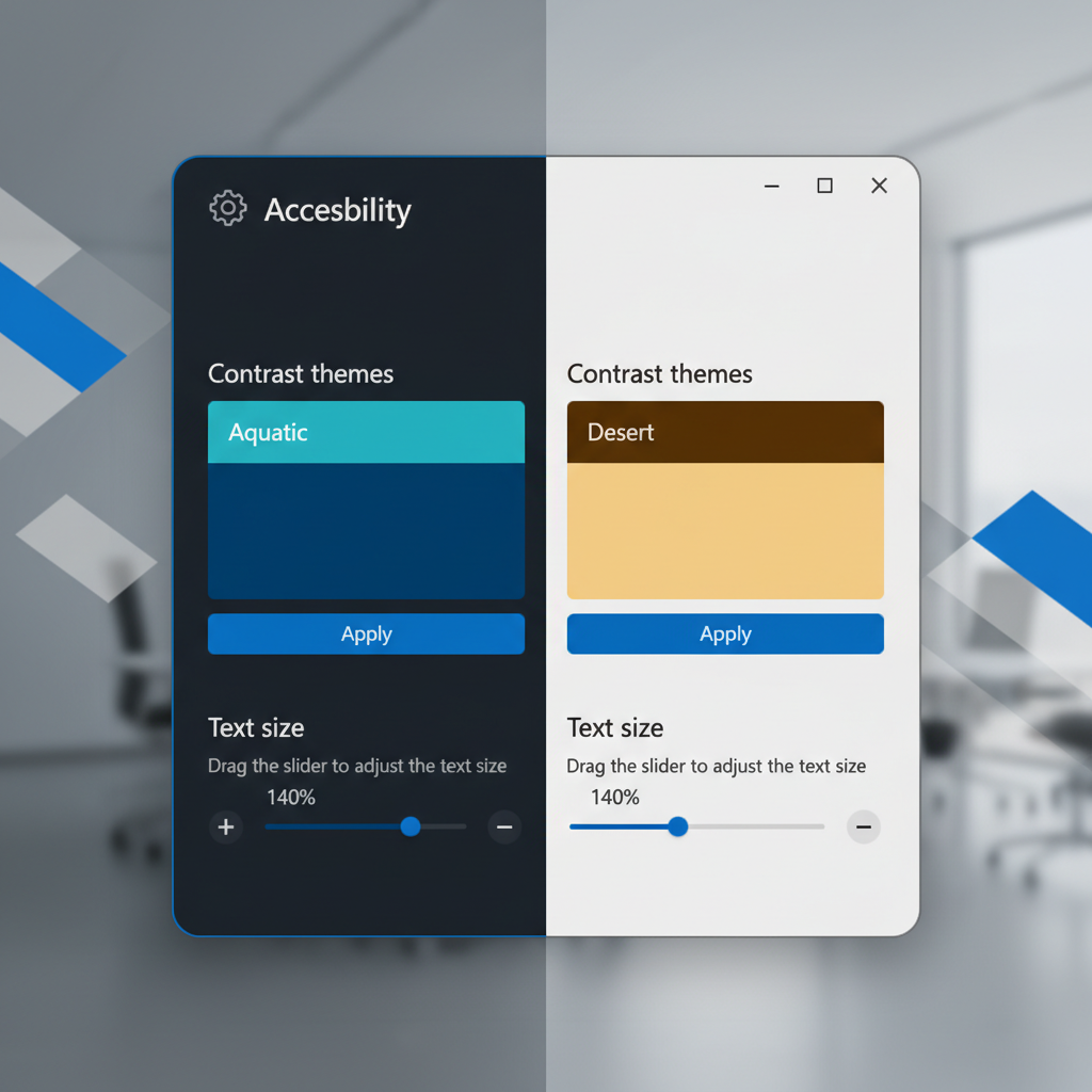 Windows 11 Accessibility settings showing contrast themes and text size options