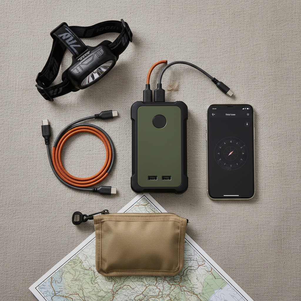 Organized camping electronics kit with power bank, cables, headlamp, and phone