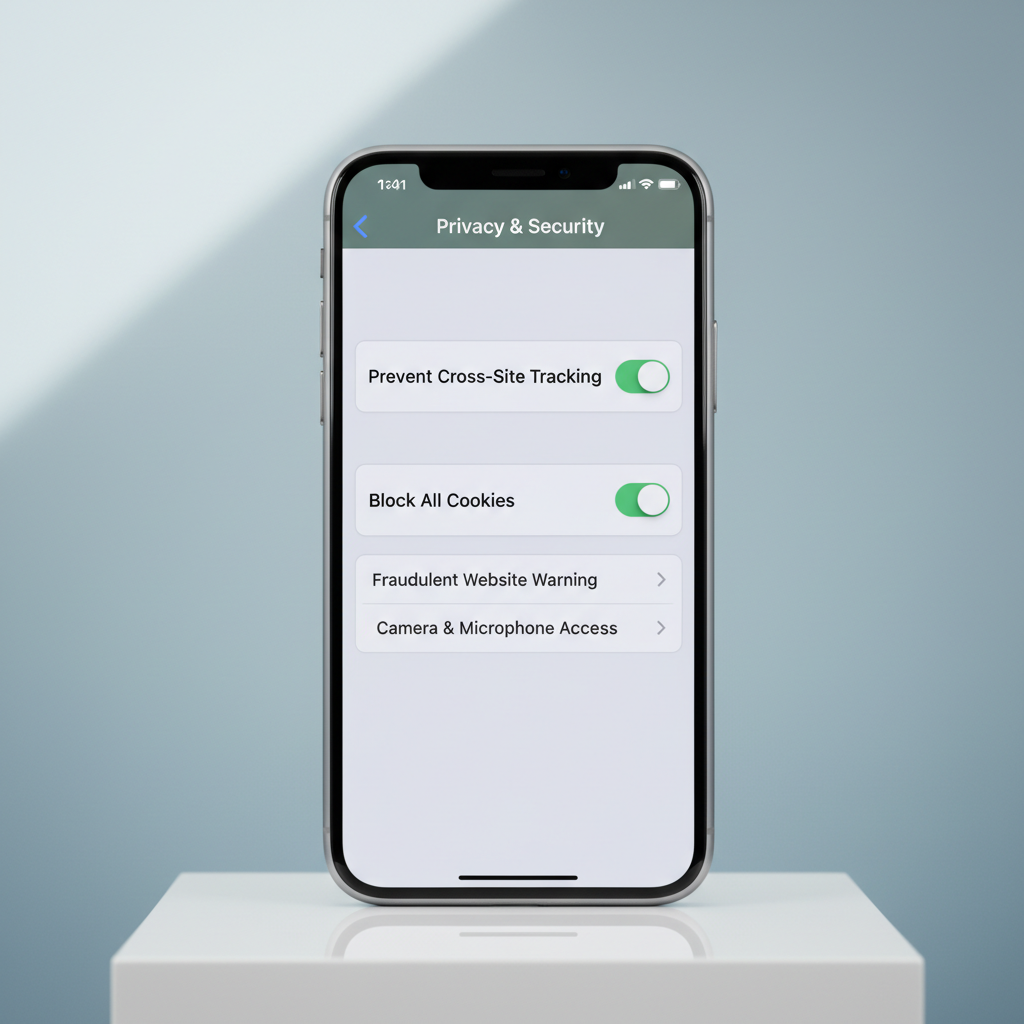 Safari privacy settings on iPhone including Prevent Cross-Site Tracking and cookie controls