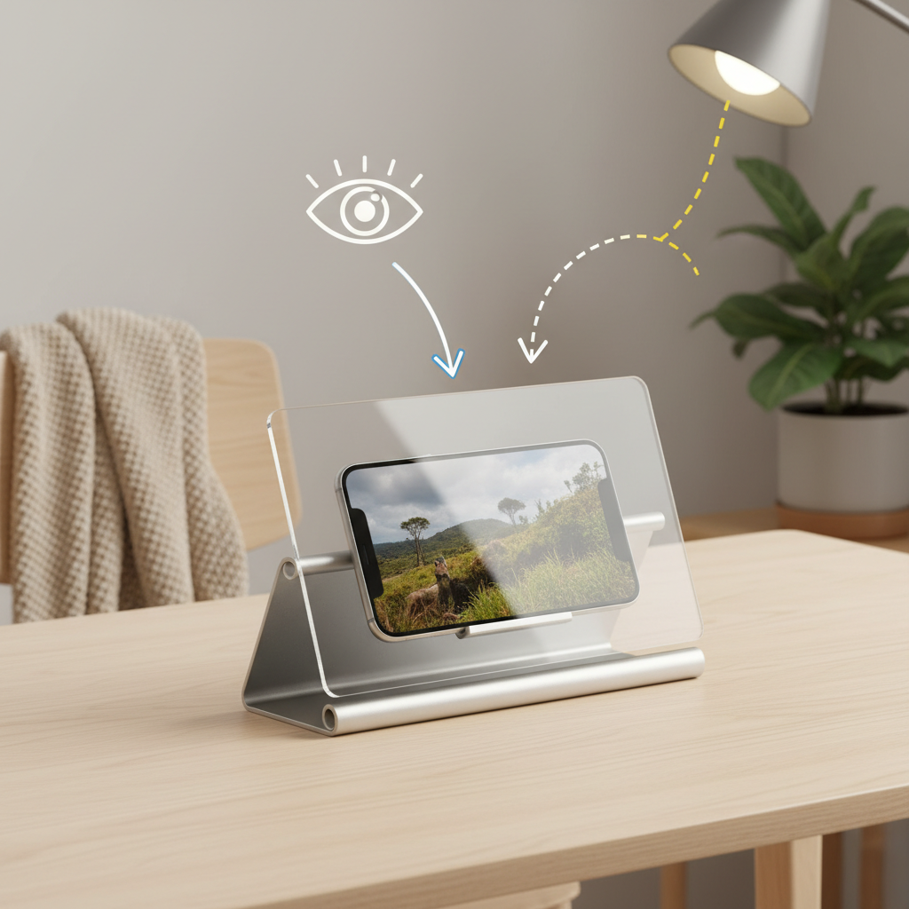 Proper phone screen magnifier setup showing viewing angle and lighting control