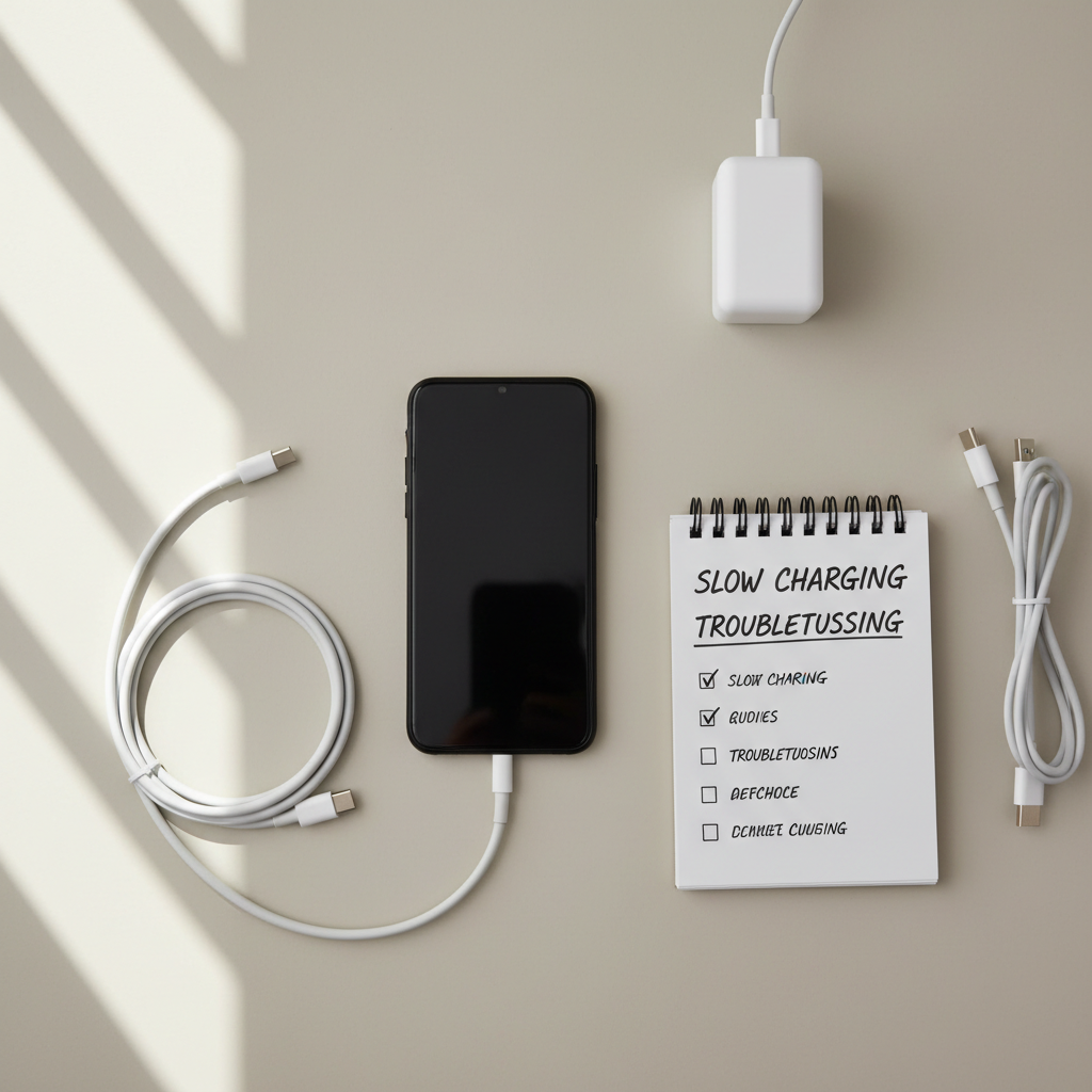 Android phone slow charging troubleshooting checklist on a desk