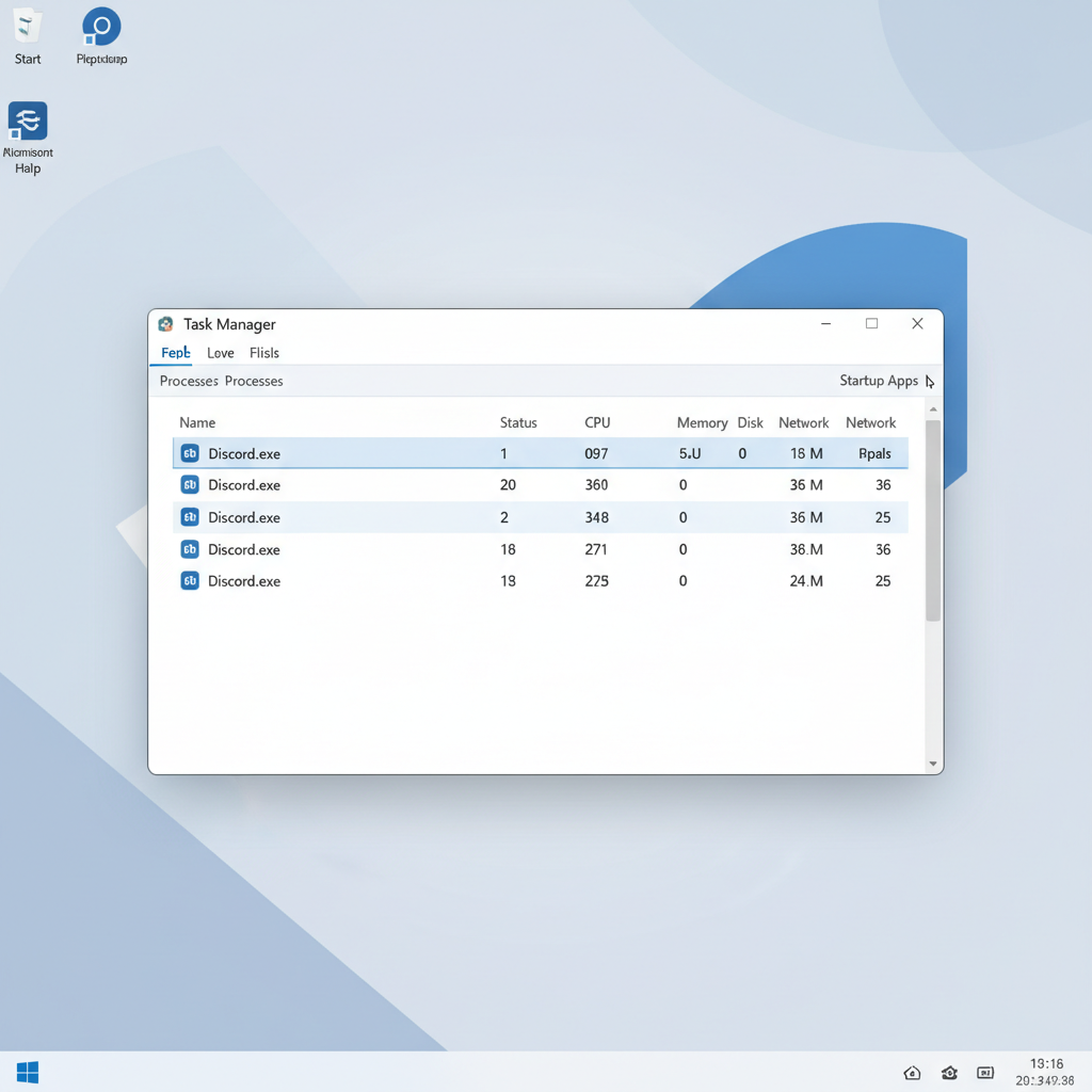 Windows Task Manager showing Discord process and startup apps