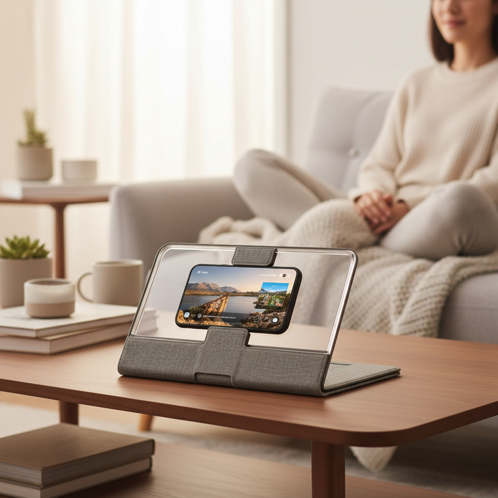 Phone screen magnifier used on a coffee table for watching videos