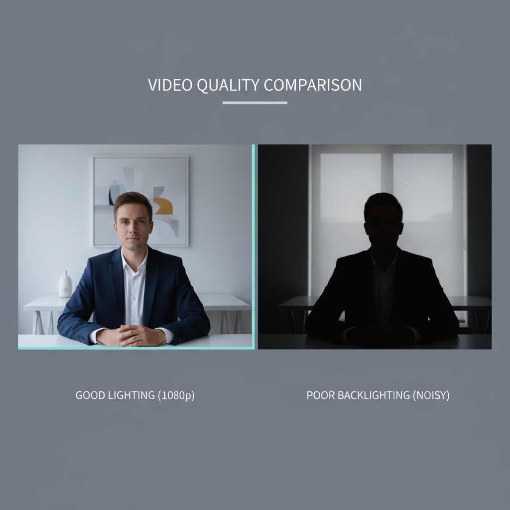 Side-by-side comparison of good lighting vs poor lighting for a budget webcam