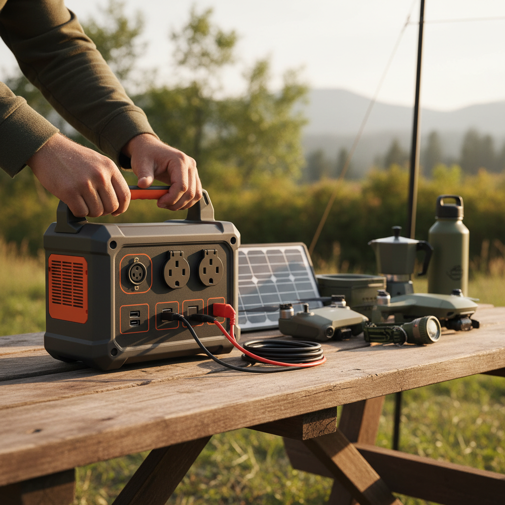 Camper checking portable power station ports and cables before a trip