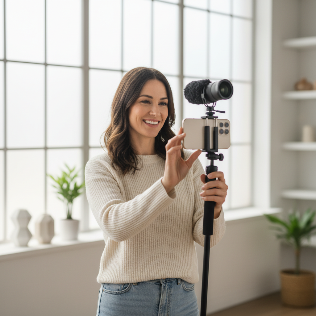Vlogger using a smartphone with an external lens and microphone setup