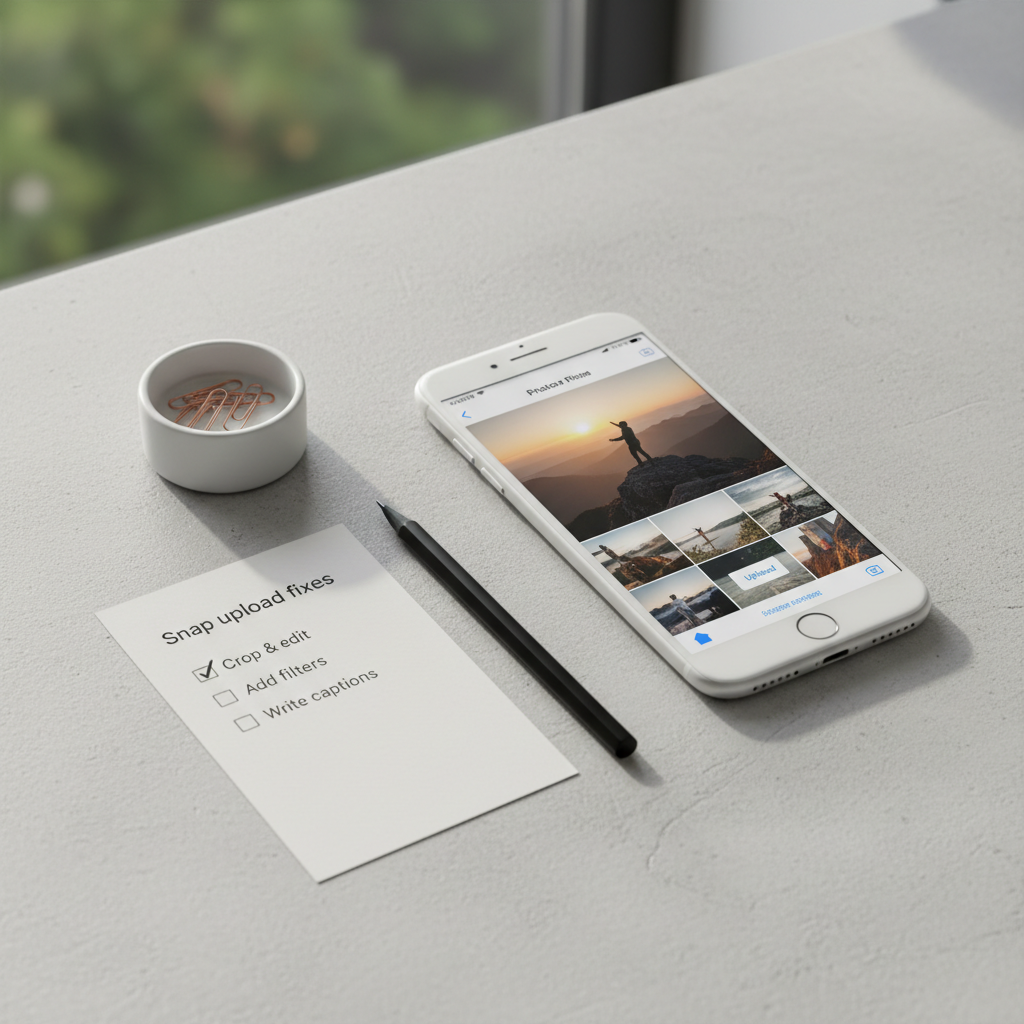 Troubleshooting Snapchat photo upload with a checklist on desk