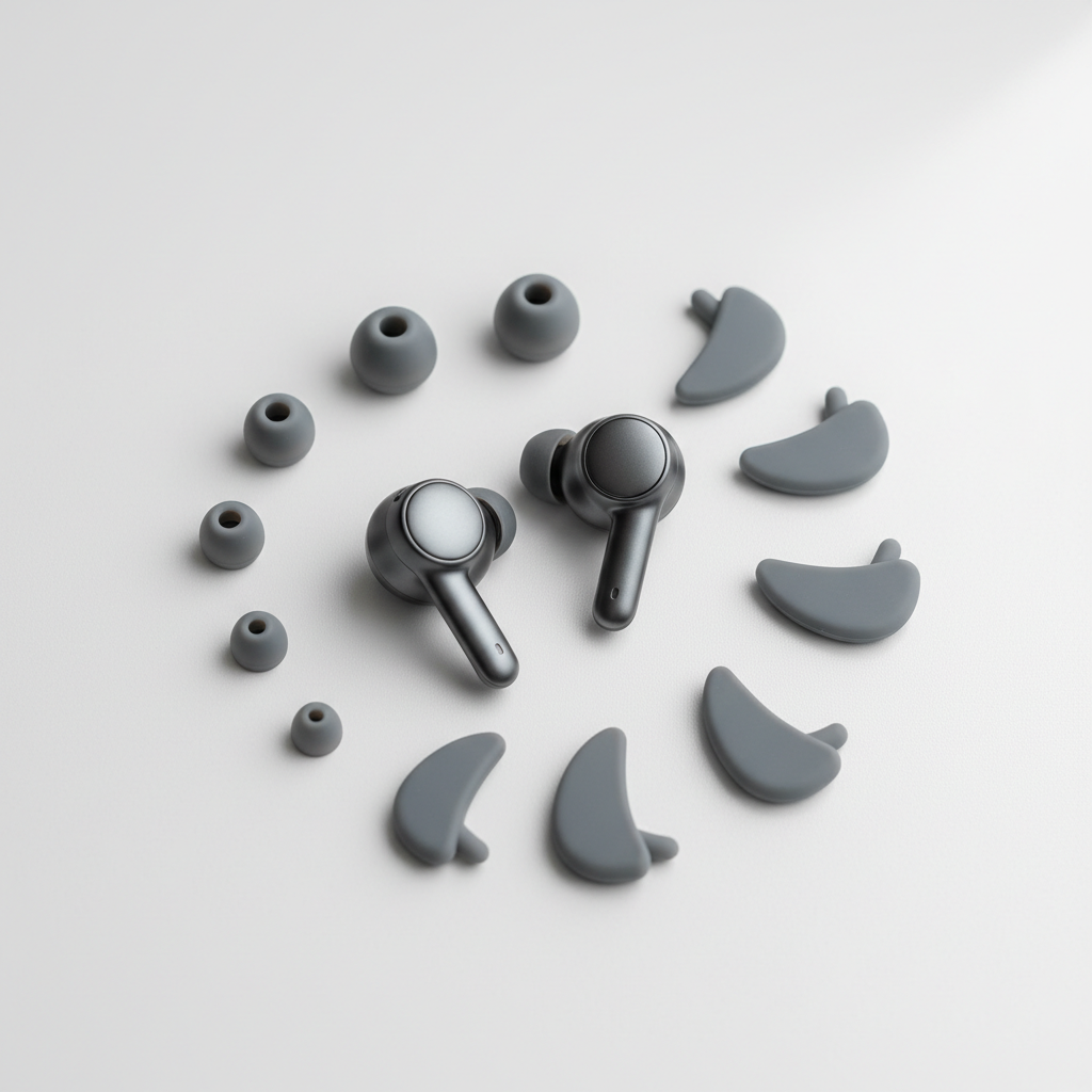 Wireless earbud ear tips and wing tips laid out for fit testing