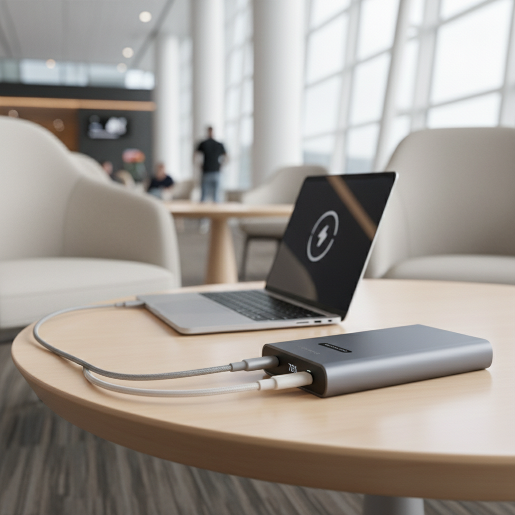 USB-C 20000mAh portable charger powering a smartphone and laptop in a travel setting