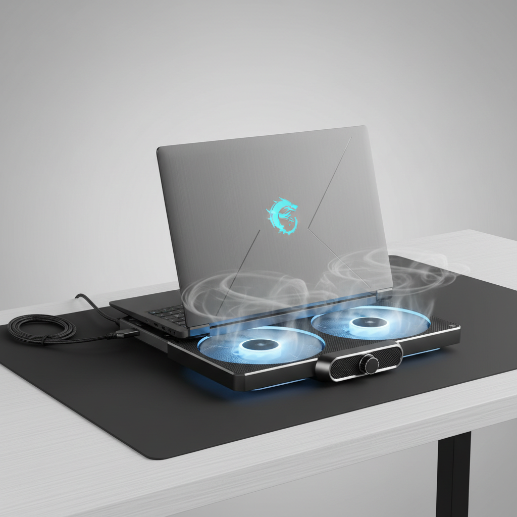 Gaming laptop on a cooling pad with visible airflow and USB fan controls