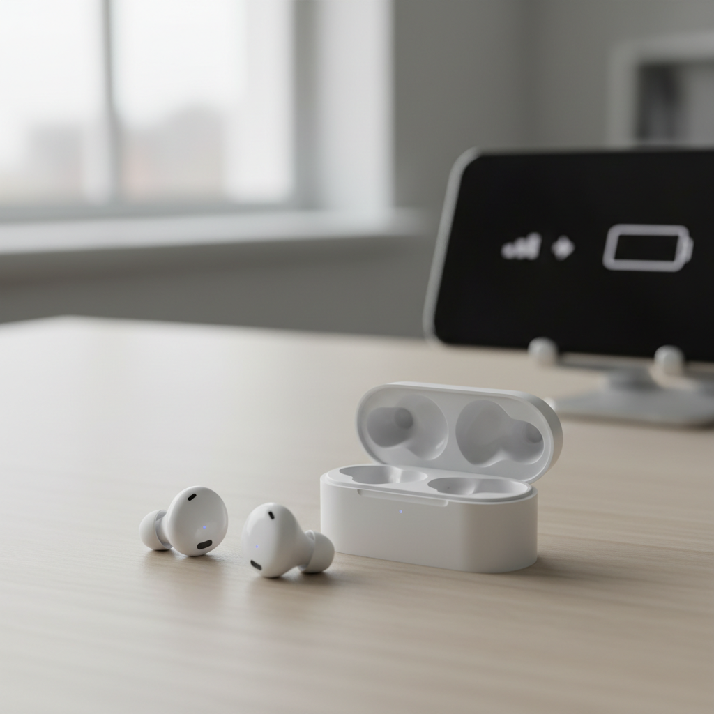 Budget wireless earbuds with charging case showing long battery life