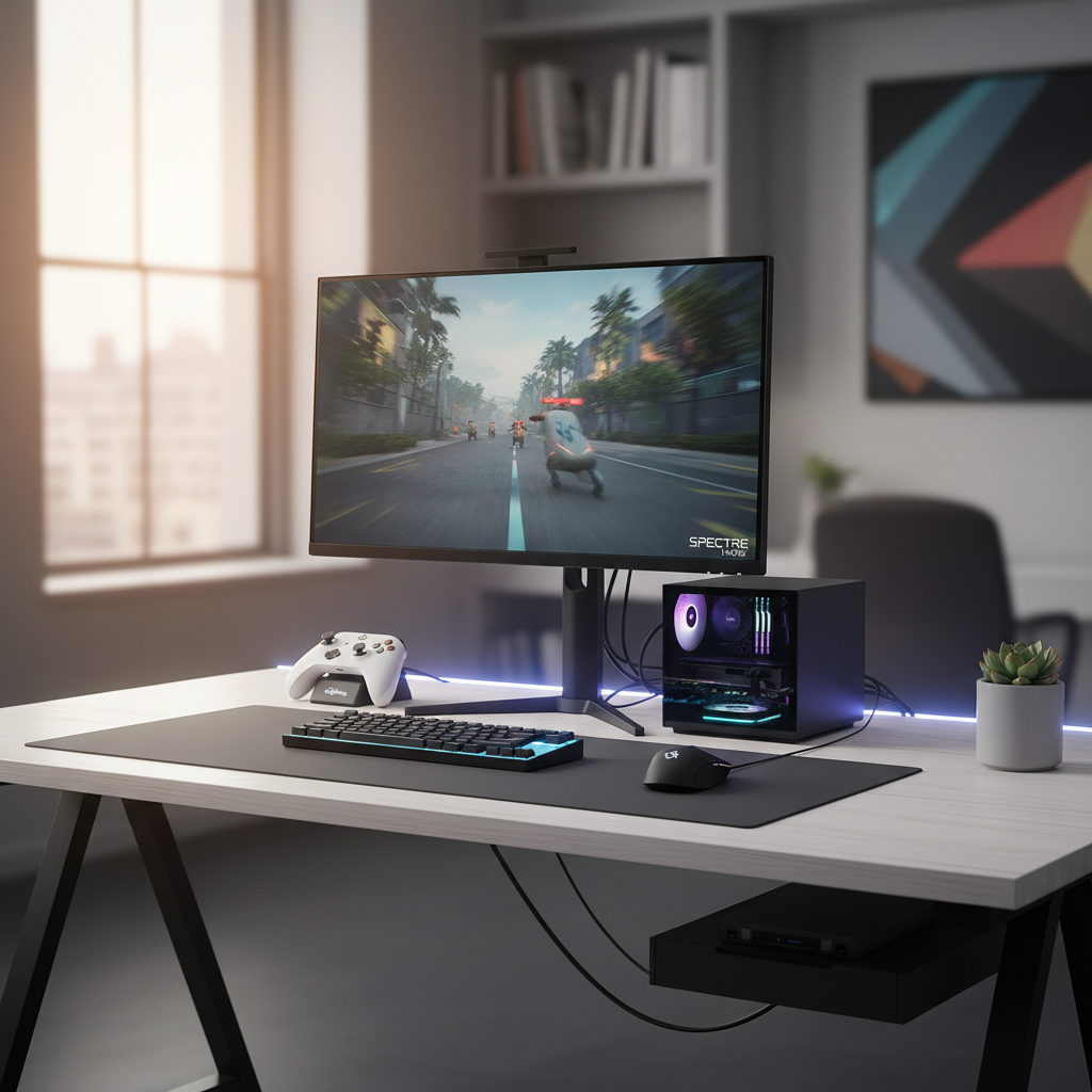 Budget 144Hz gaming monitor setup on a desk with PC and controller