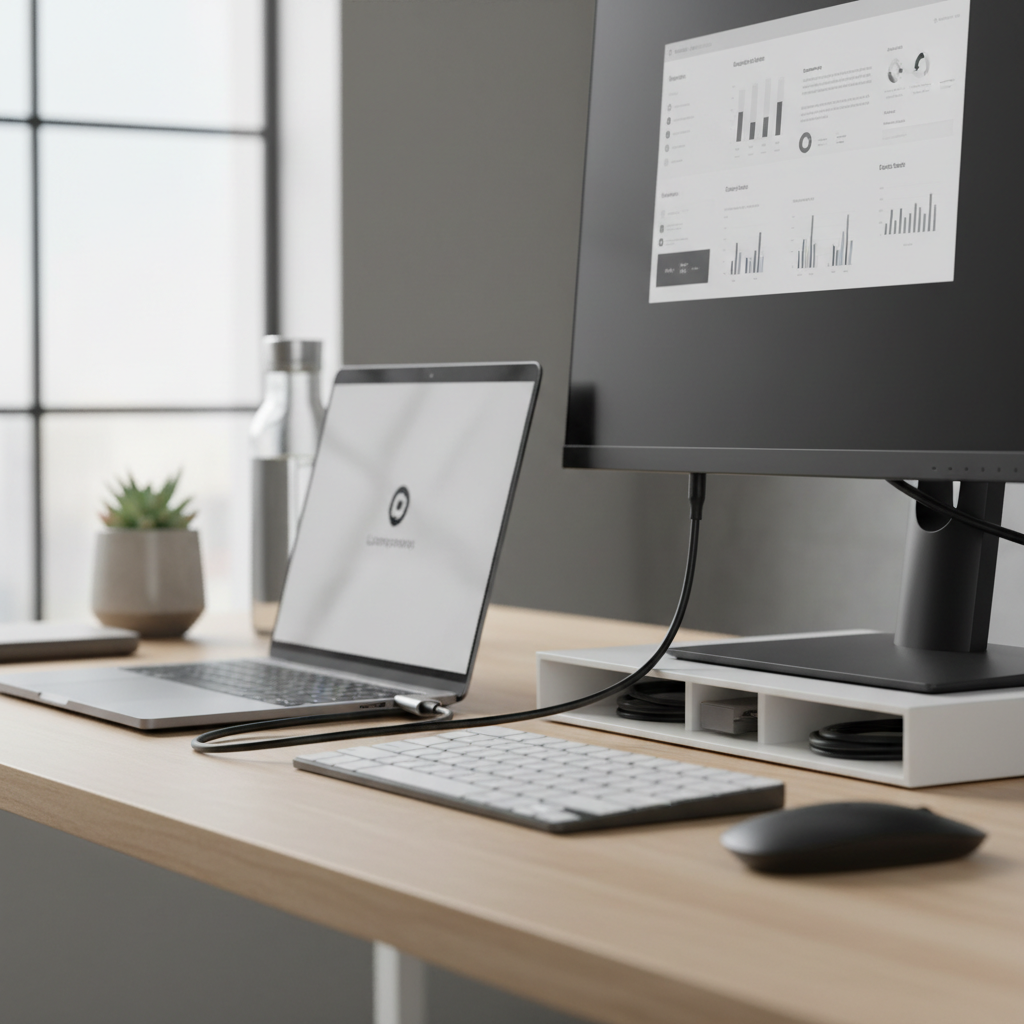 USB-C to HDMI adapter connected between a laptop and external monitor on a desk