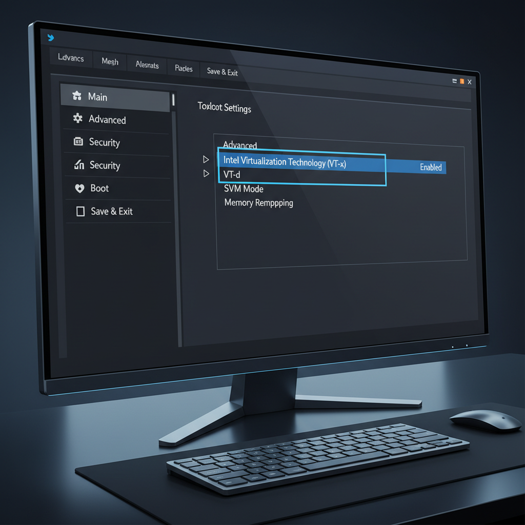 BIOS/UEFI screen highlighting Intel VT-x or AMD SVM virtualization setting