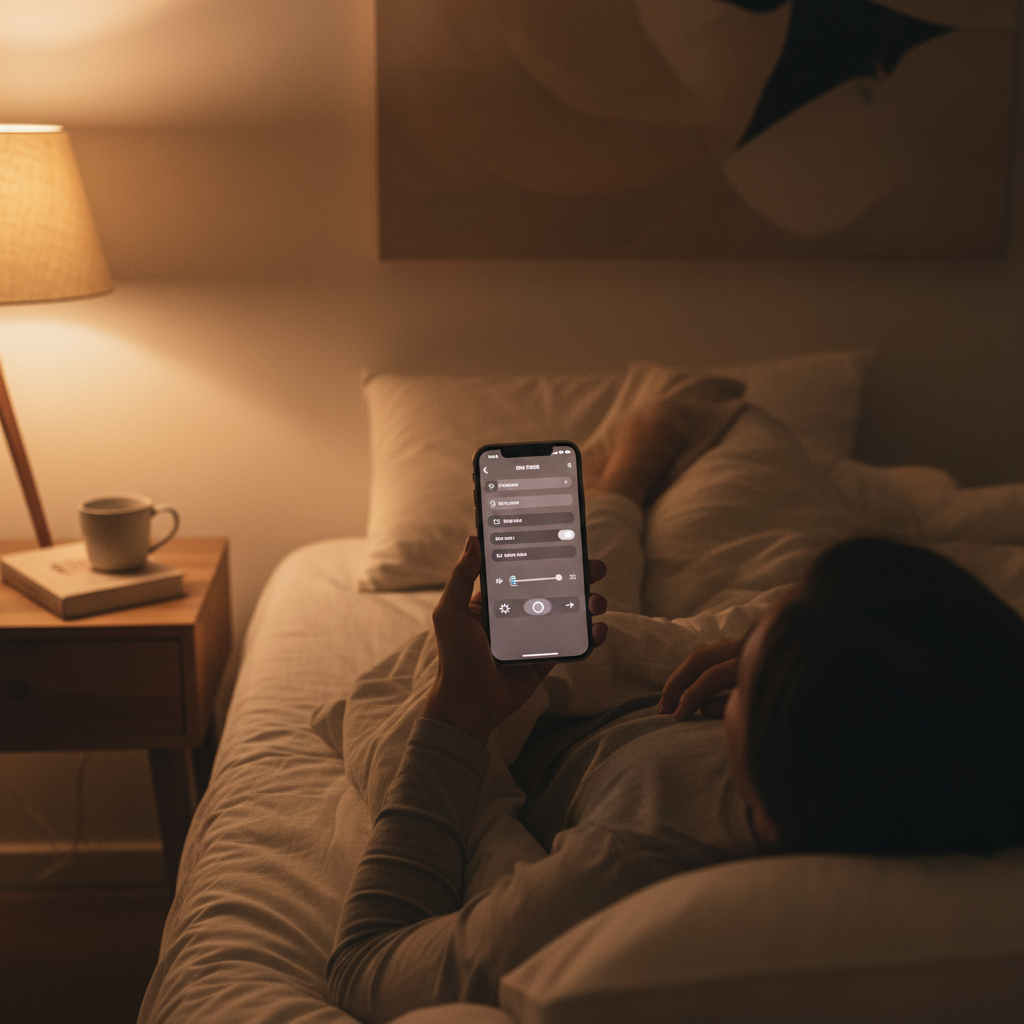 Person adjusting iPhone brightness in Control Center at night