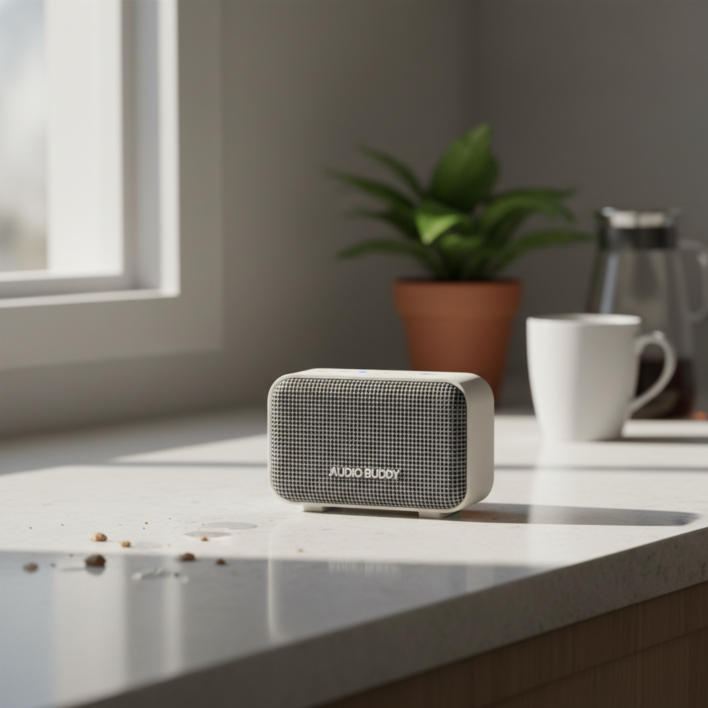 Budget portable Bluetooth speaker on a kitchen counter during everyday use