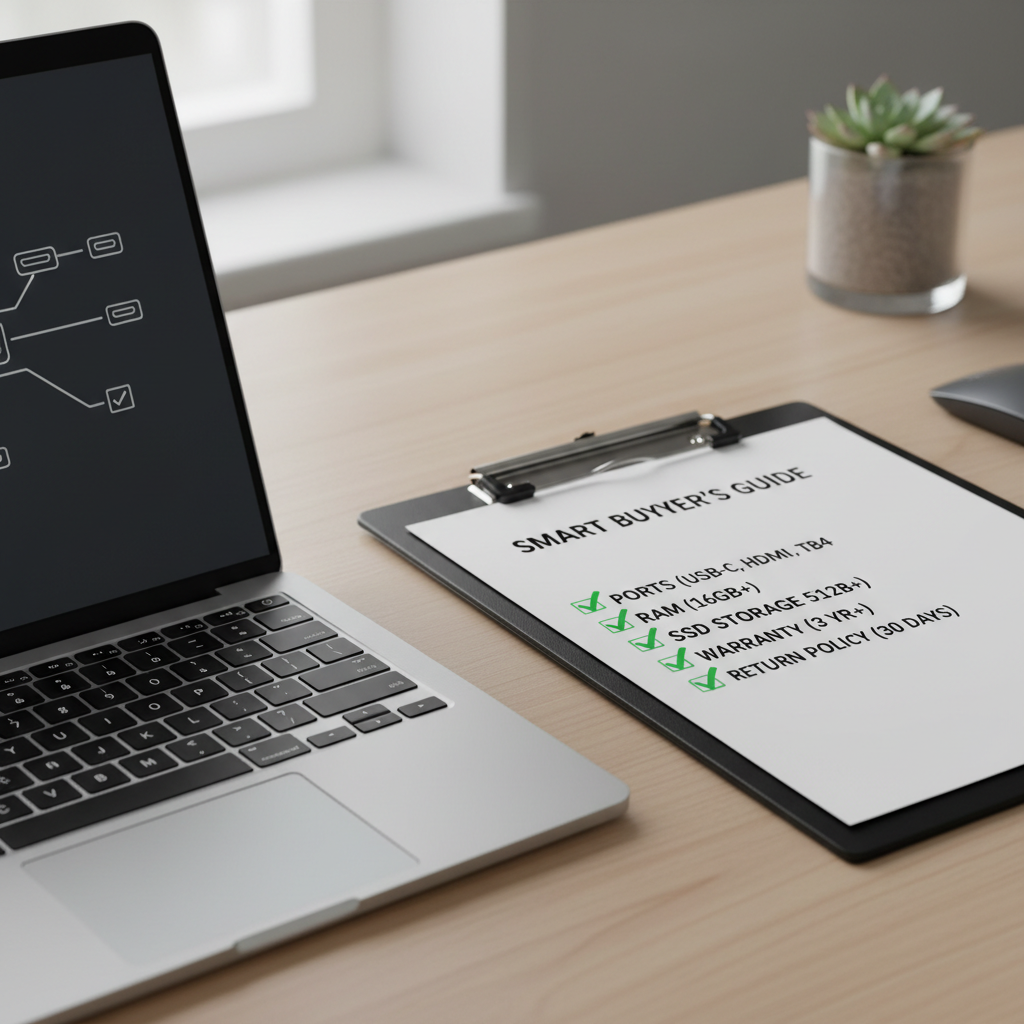Laptop buying checklist showing ports, RAM, SSD, and warranty details