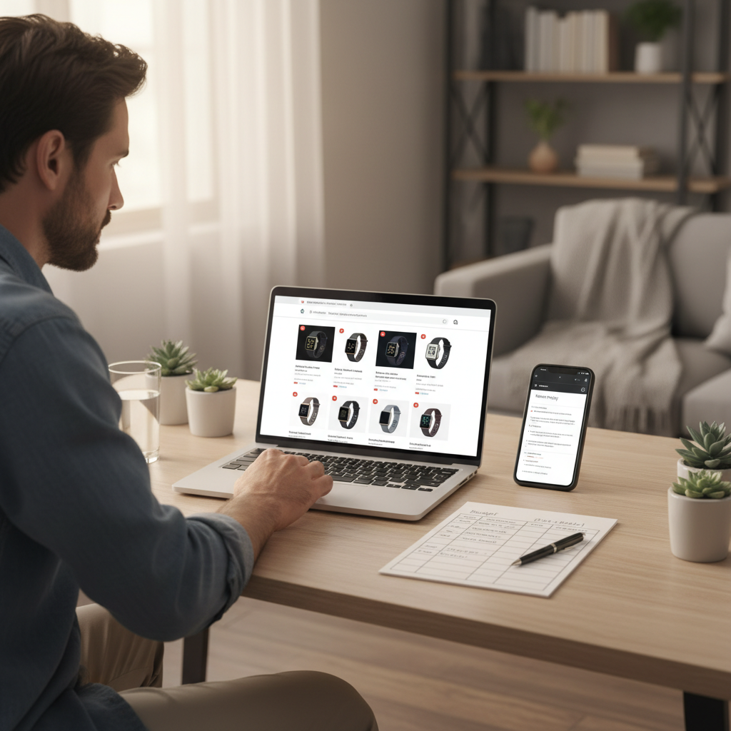 Man comparing smartwatches online with a return policy checklist and budget notes