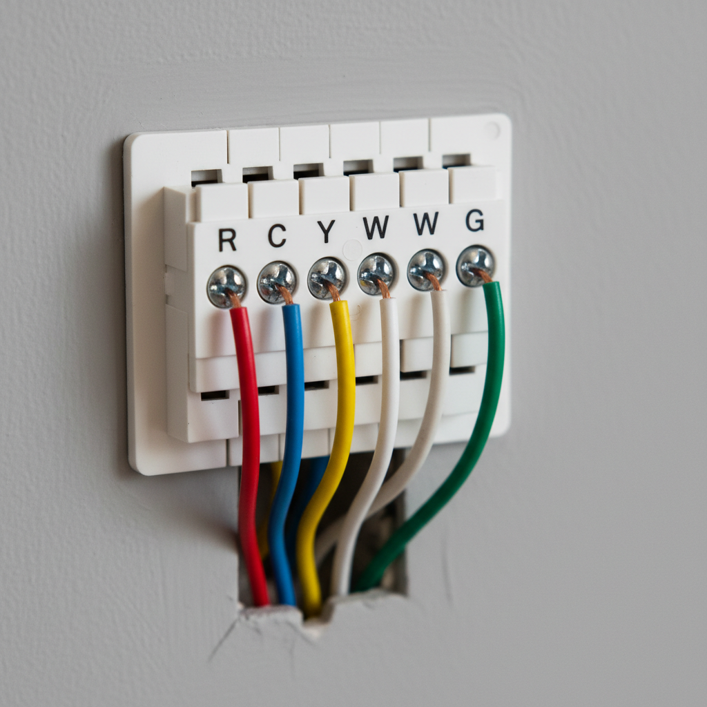 Close-up of thermostat wiring terminals showing C-wire and labeled HVAC connections