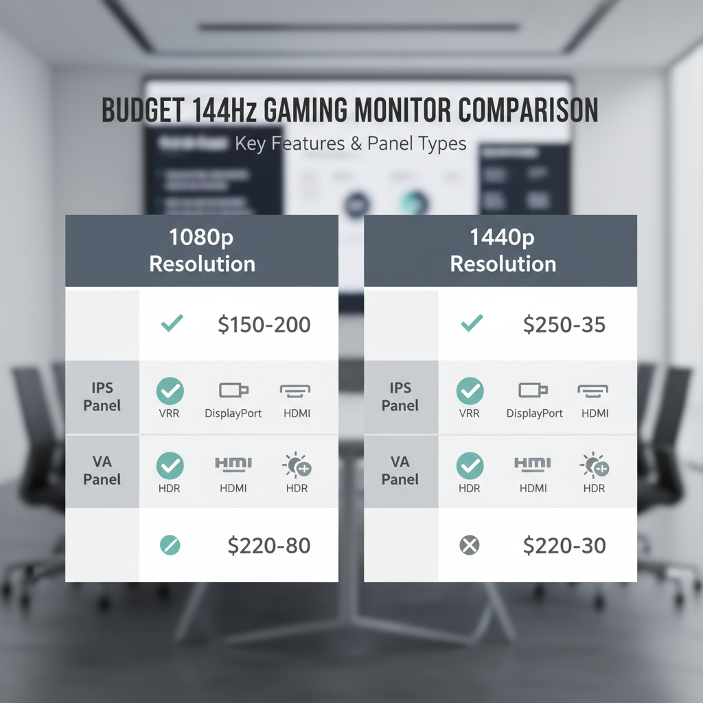 Comparison table concept for budget 144Hz gaming monitors by resolution and panel type