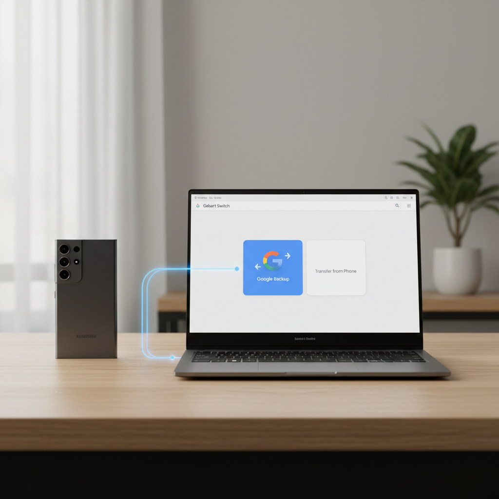 Samsung Smart Switch and Google backup options on a phone and laptop