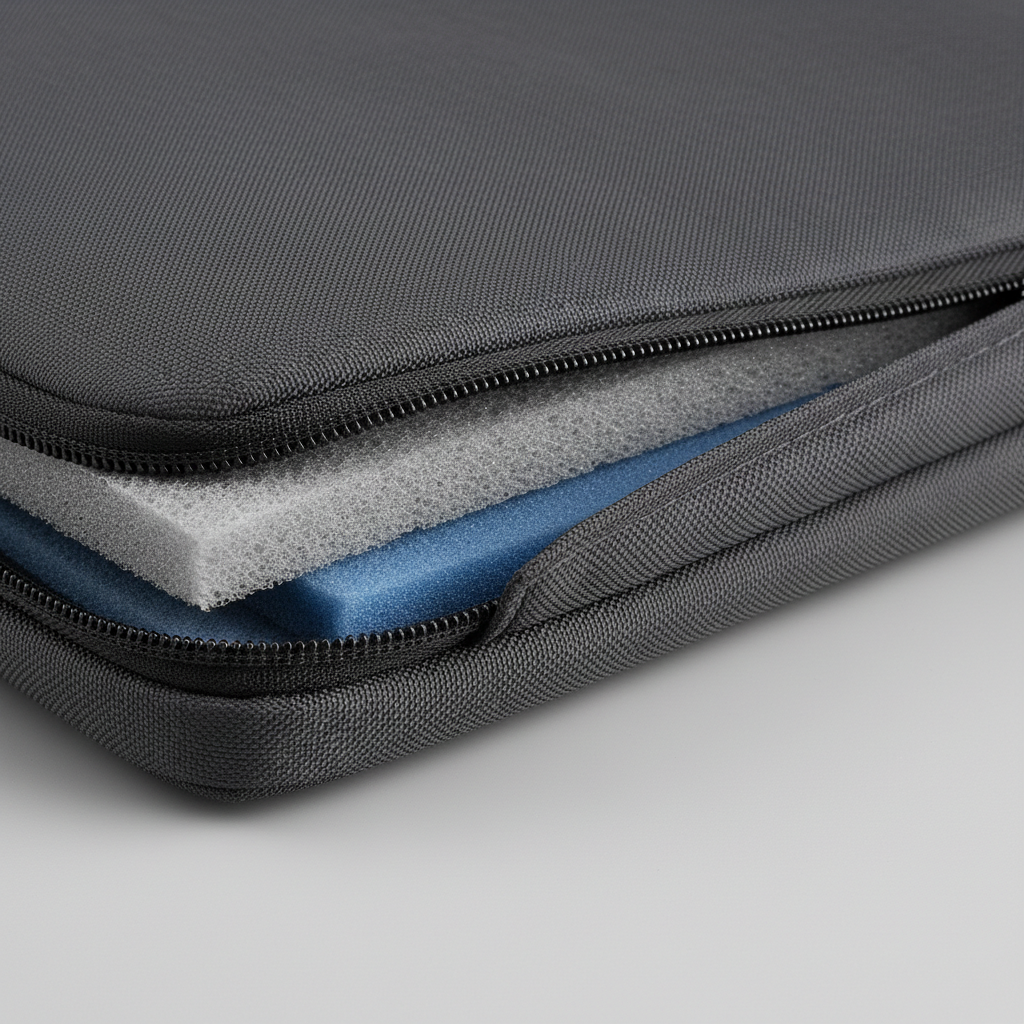 Close-up of laptop sleeve corner padding and zipper guard detail