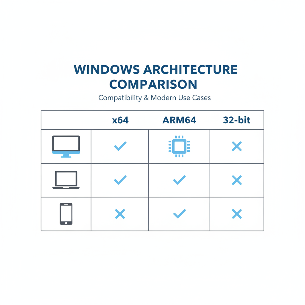 Comparison table concept for x64 vs ARM64 vs 32-bit on Windows 11