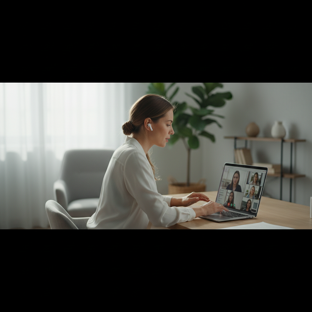 Remote worker taking a video call with wireless earbuds at a home office desk