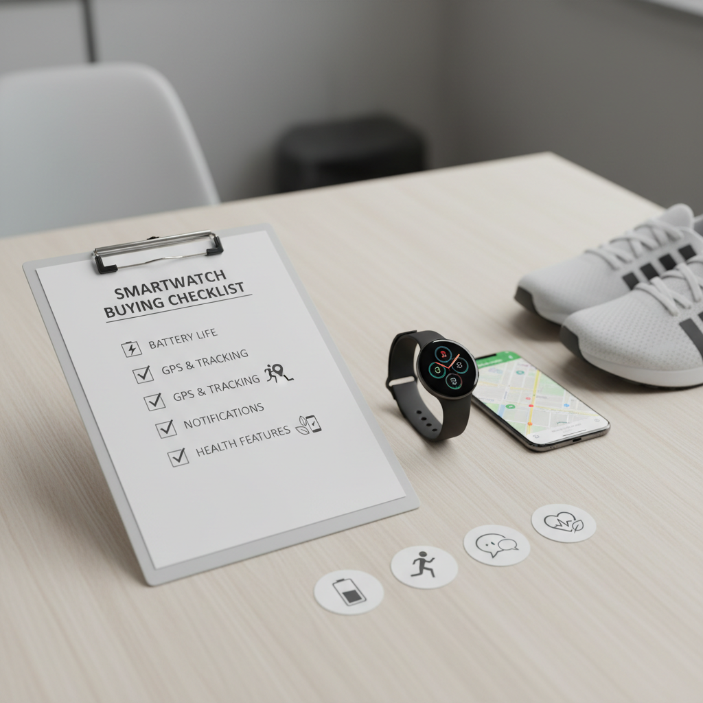 Comparison of smartwatch features like battery, GPS, and notifications in a shopping checklist