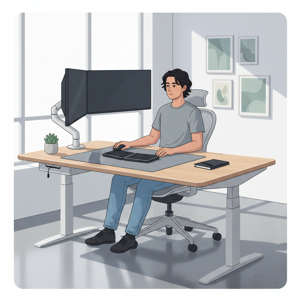 Ergonomic monitor height and distance setup for reducing digital eye strain