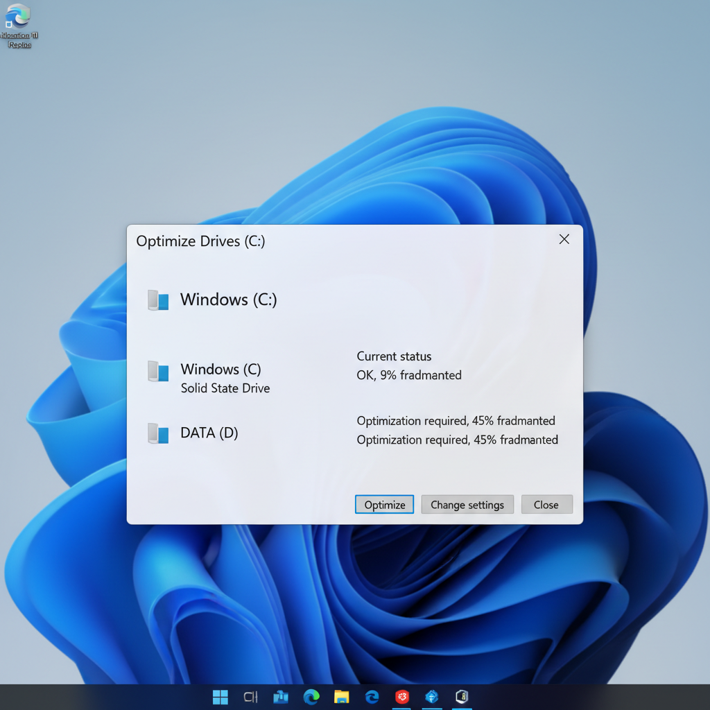 Windows 11 Optimize Drives tool showing HDD and SSD optimization options