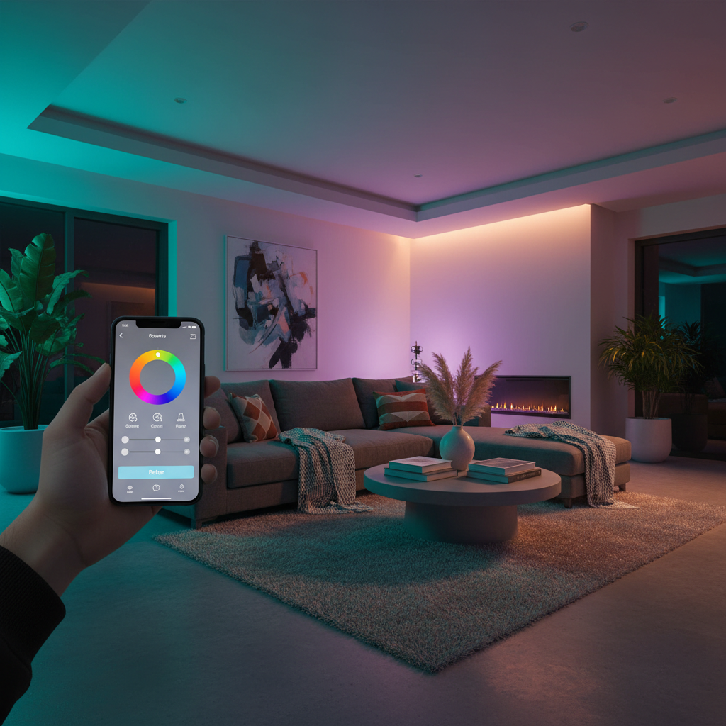 Color changing smart bulbs in a cozy living room with phone app control