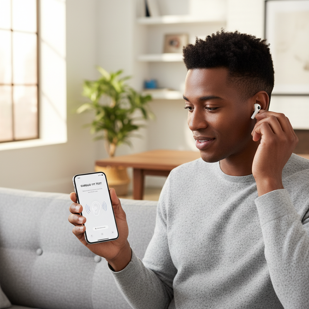 Person adjusting earbud tips and checking fit test in a phone app